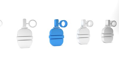 Blue Hand grenade icon isolated on white background. Bomb explosion. Minimalism concept. 3D render illustration