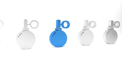 Blue Hand grenade icon isolated on white background. Bomb explosion. Minimalism concept. 3D render illustration