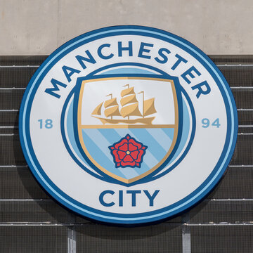 Manchester, United Kingdom. 07.17.2024  Manchester Citys Logo and Badge front of the Etihad Stadium. 17th July 2024.