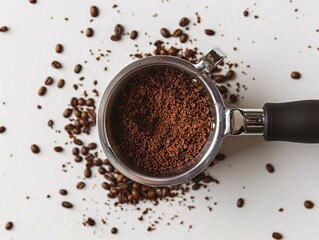 5. Top view of a portafilter brimming with rich, dark coffee grounds, set against a backdrop of scattered coffee granules on a clean white surface