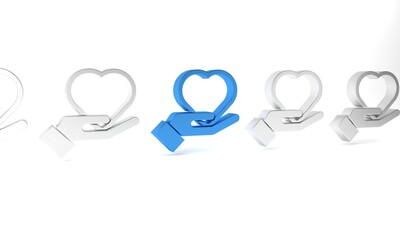 Blue Heart on hand icon isolated on white background. Hand giving love symbol. Valentines day symbol. Minimalism concept. 3D render illustration