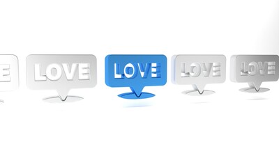 Blue Speech bubble with text love icon isolated on white background. Valentines day. Minimalism concept. 3D render illustration