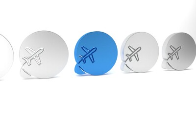 Blue Globe with flying plane icon isolated on white background. Airplane fly around the planet earth. Aircraft world icon. Minimalism concept. 3D render illustration