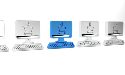Blue Shopping cart on screen computer icon isolated on white background. Concept e-commerce, e-business, online business marketing. Minimalism concept. 3D render illustration