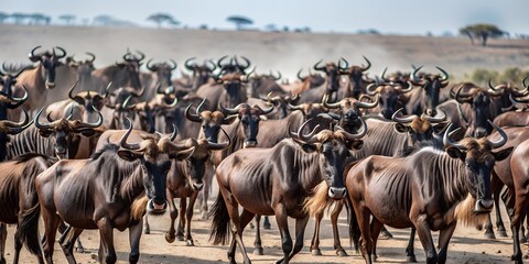 Large Wildebeest Herd Migrating Across The African Savanna