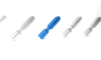 Blue Gardening handmade scissors for trimming icon isolated on white background. Pruning shears with wooden handles. Minimalism concept. 3D render illustration