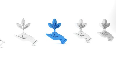 Blue Plant in hand of environmental protection icon isolated on white background. Seed and seedling. Planting sapling. Ecology concept. Minimalism concept. 3D render illustration