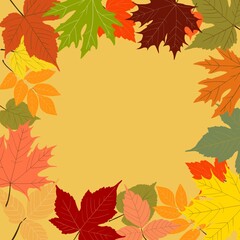 Autumn frame with leaves. Hand drawn illustration yellow background