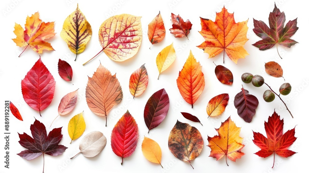 Poster autumn foliage elements isolated on white background overhead view with copy space ideal for instagr