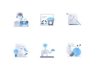 Passion and hobby - flat design style icons set. High quality colorful images of gamer with gamepad, cinema and popcorn, calligraphy, new idea, cook and gourmet, clew, knitting with needles