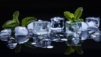 pieces of ice with mint on a dark background - Powered by Adobe