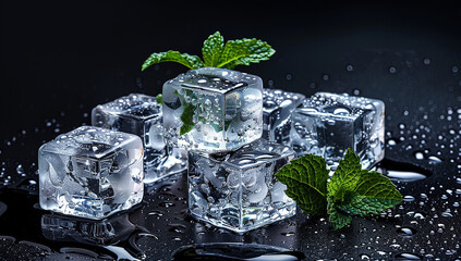 pieces of ice with mint on a dark background