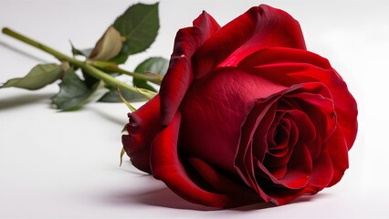 A vibrant red rose with a few green leaves attached to its stem. The rose is lying down, slightly tilted, with its petals open, revealing its intricate inner structure