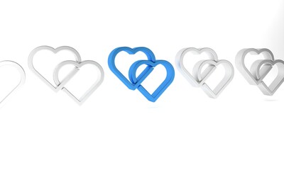 Blue Two Linked Hearts icon isolated on white background. Romantic symbol linked, join, passion and wedding. Valentine day symbol. Minimalism concept. 3D render illustration