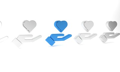 Blue Heart on hand icon isolated on white background. Hand giving love symbol. Minimalism concept. 3D render illustration