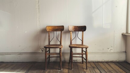 Vintage wooden chairs in antique brown on white backdrop with retro vibes