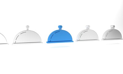 Obraz premium Blue Covered with a tray of food icon isolated on white background. Tray and lid sign. Restaurant cloche with lid. kitchenware symbol. Minimalism concept. 3D render illustration
