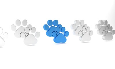 Blue Paw print icon isolated on white background. Dog or cat paw print. Animal track. Minimalism concept. 3D render illustration