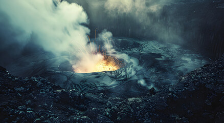 A volcanic crater with toxic gas surrounding it.