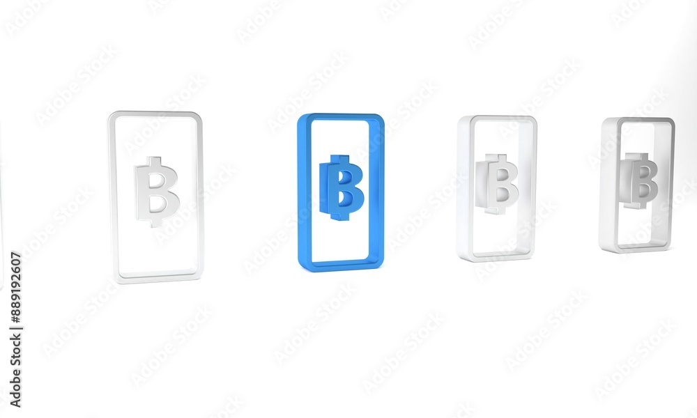 Poster blue phone mobile and cryptocurrency coin bitcoin icon isolated on white background. physical bit co