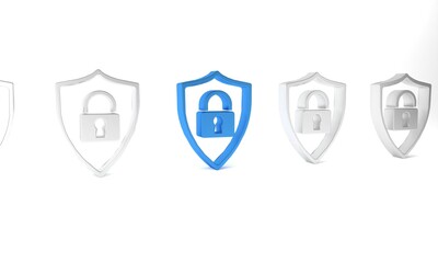 Blue Shield security with lock icon isolated on white background. Protection, safety, password security. Firewall access privacy sign. Minimalism concept. 3D render illustration