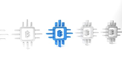 Blue CPU mining farm icon isolated on white background. Bitcoin sign inside processor. Cryptocurrency mining community. Digital money. Minimalism concept. 3D render illustration