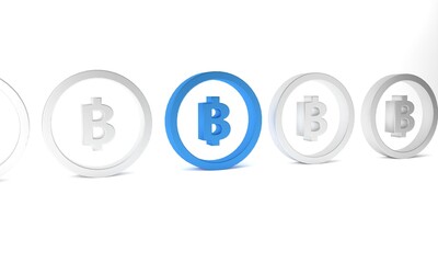 Blue Cryptocurrency coin Bitcoin icon isolated on white background. Physical bit coin. Blockchain based secure crypto currency. Minimalism concept. 3D render illustration