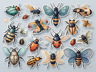 Obraz premium Colorful insect stickers set, different species, detailed illustrations, white background.