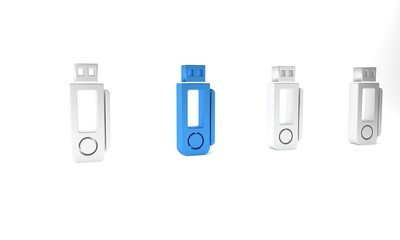 Blue USB flash drive icon isolated on white background. Minimalism concept. 3D render illustration