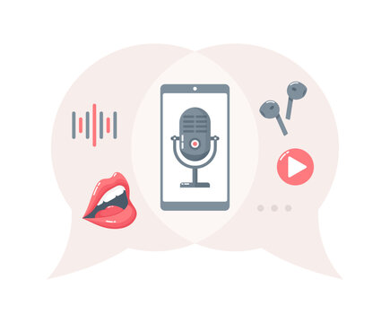 Microphone on smaptphone screen with open mouth, wireless earphones and sound icons inside speech bubbles, isolated on white background. Poscast concept. Flat vector illustration