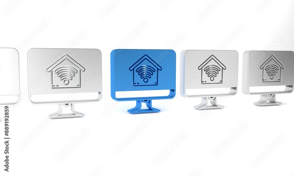 Aufkleber blue computer monitor with smart home with wi-fi icon isolated on white background. remote control. 