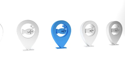 Blue Location fishing icon isolated on white background. Fishing place. Minimalism concept. 3D render illustration