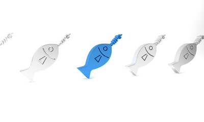 Blue Fish on hook icon isolated on white background. Minimalism concept. 3D render illustration