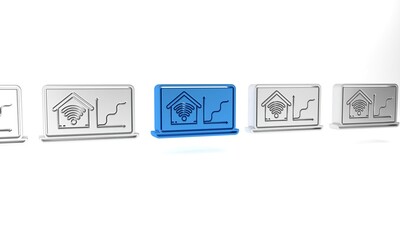 Blue Laptop with smart home with wi-fi icon isolated on white background. Remote control. Minimalism concept. 3D render illustration