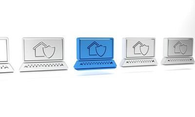 Blue Laptop with house under protection icon isolated on white background. Protection, safety, security, protect, defense concept. Minimalism concept. 3D render illustration