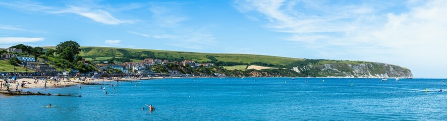 Panorama of Swanage Beach and Swanage Bay, Swanage, Dorset, England
