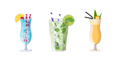 Set of tropical drinks. Summer cocktails isolated on white background. Vector illustration