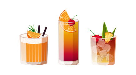 Set of cocktails. Three summer drinks isolated on white background. Vector illustration of tropical cocktails.