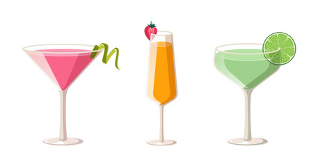 Set of cocktails. Three modern cocktails in glasses of different shapes. Vector illustration of classical cocktails isolated on white background.