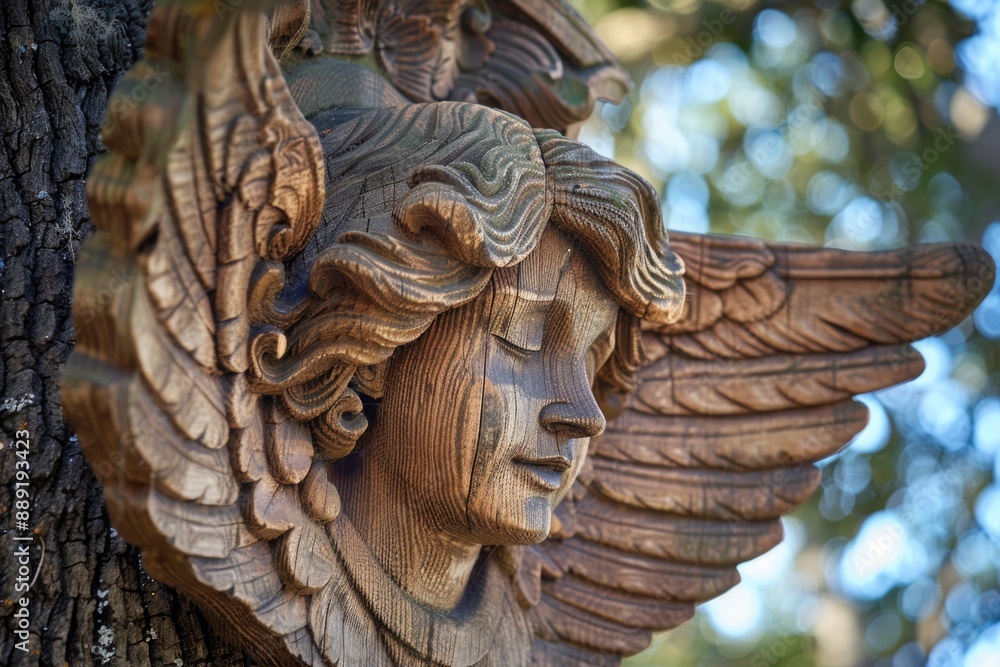 Poster A statue of an angel perched on a tree branch