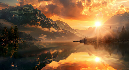 Sunrise over a lake in the mountains, reflected in the lake.