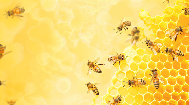 Cute swarm of bees working at bee honeycomb background