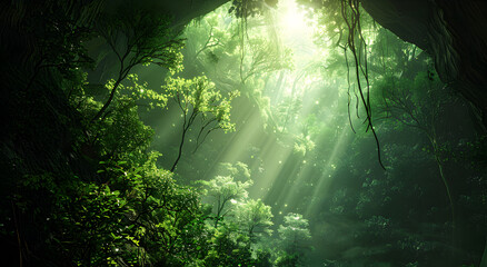 Obraz premium The forest at the bottom of the cave, the light of the sun above.