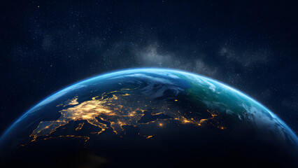 Fototapeta premium A breathtaking view of Earth from space, with the curvature of the planet prominently visible. The vast expanse of the universe is filled with countless stars, creating a mesmerizing backdrop