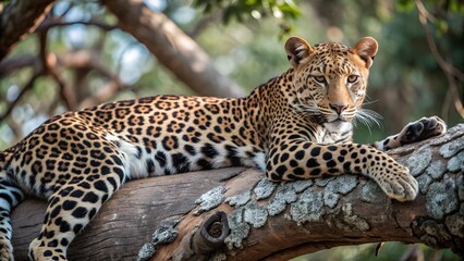 Naklejka premium Majestic leopard gracefully resting on a tree branch in the heart of the jungle