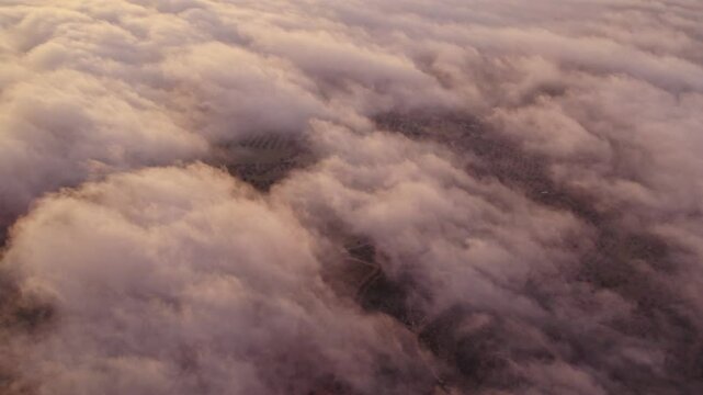 Aerial view of misty sunrise over countryside, Ginosa, Italy.