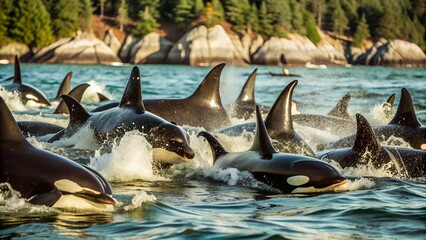 Fototapeta premium Majestic Orcas Hunting in the Pacific Ocean