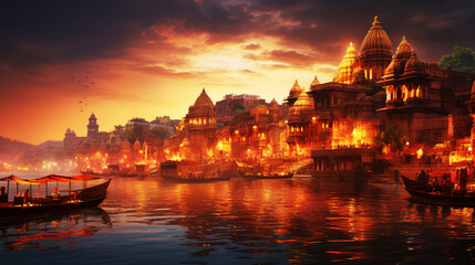 Obraz premium generated illustration of ancient Varanasi city architecture at sunset