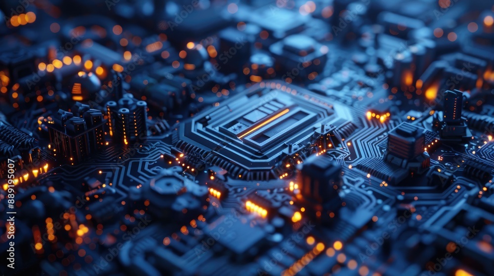 Poster close-up of a circuit board with glowing lights. this image is ideal for representing technology, in