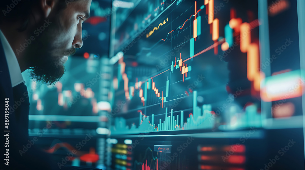 Poster business man looking at stock market chart and data on computer screen, trading concept background w